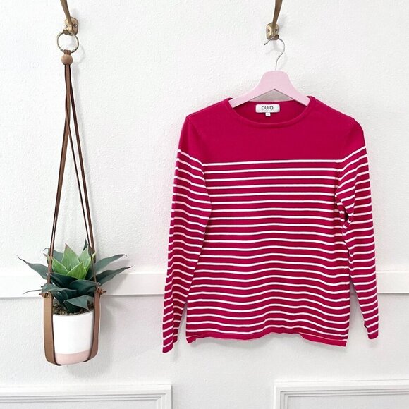 Pura Cashmere Classic Breton Crew Seaside Berry/White Stripe Size S - Picture 2 of 6
